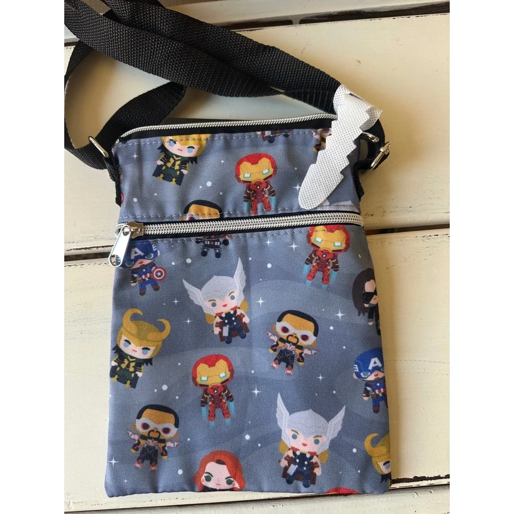Marvel Loungefly Chibi Avengers Crossbody Passport Bag Grey Canvas NWT